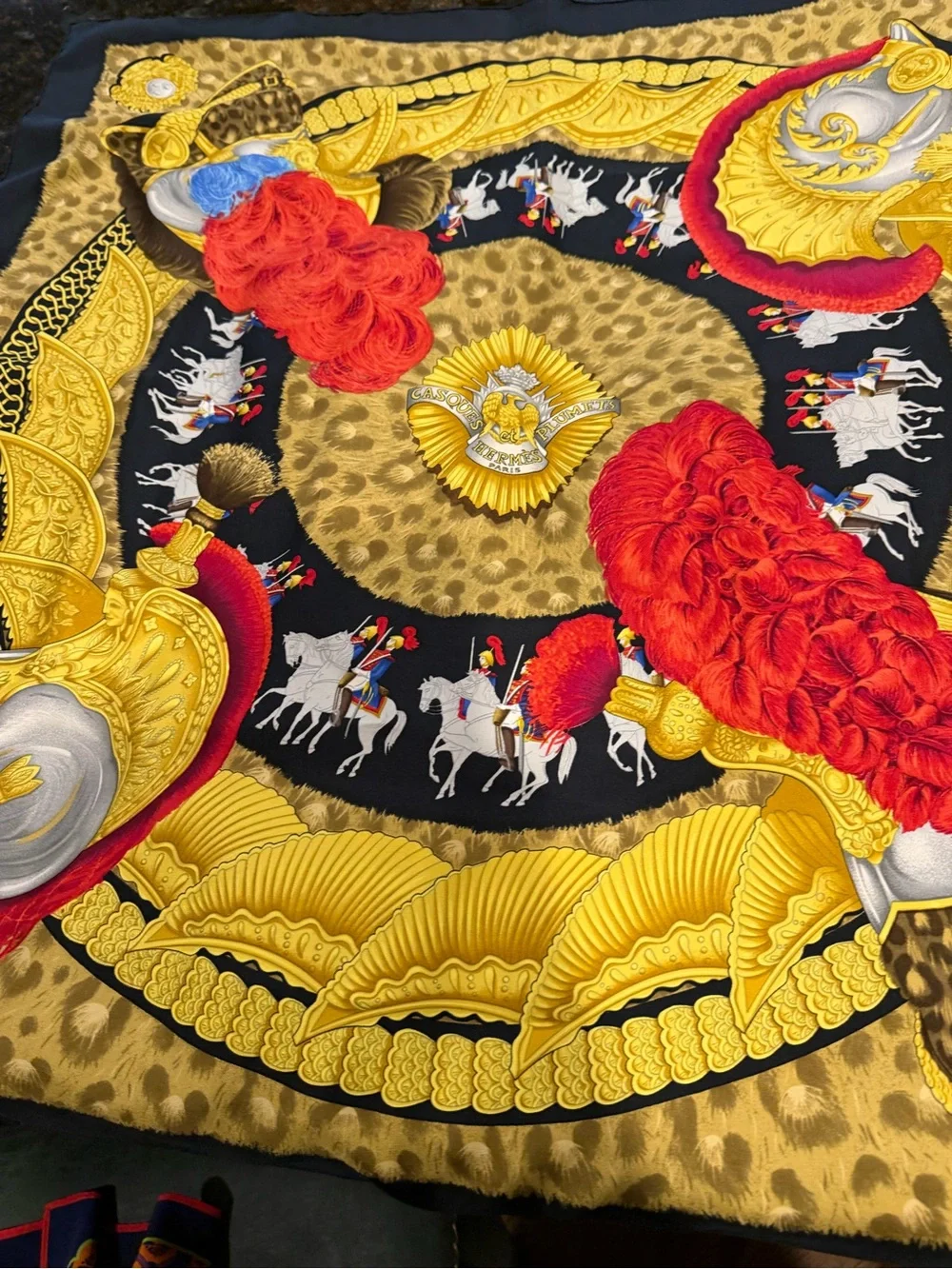 Authentic Hermes Luxury Women's Silk Scarf in Black, Gold and Red